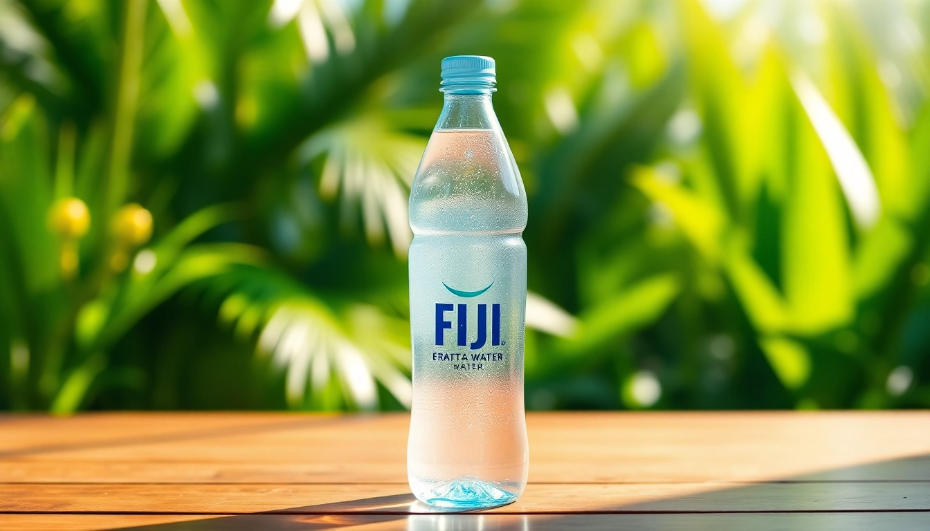 fiji water bottles recalled due to contamination risks, showcasing a transparent bottle with clear water against a tropical backdrop.