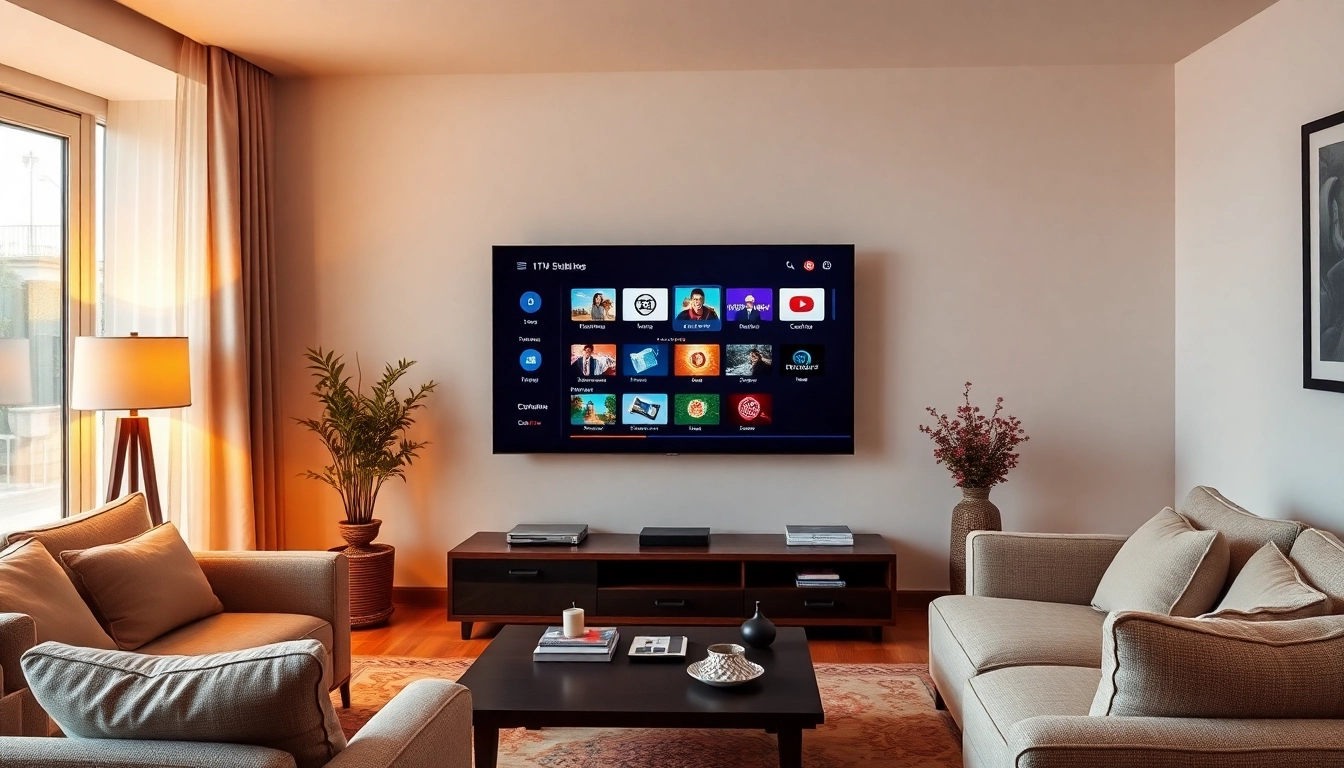 Stream IPTV Suisse seamlessly in a cozy living room with modern decor and warm lighting.