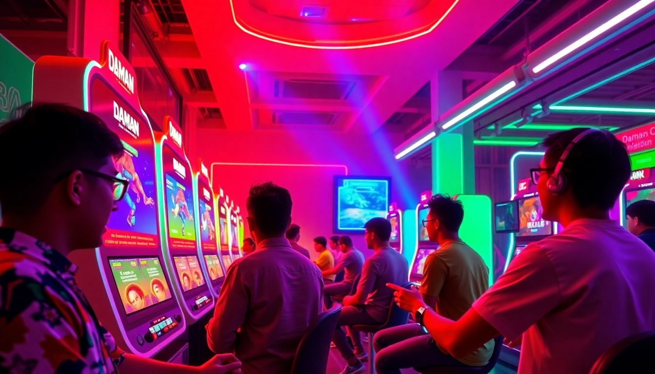 Engage with the Daman color game featuring vibrant red and green colors in a lively casino setting.