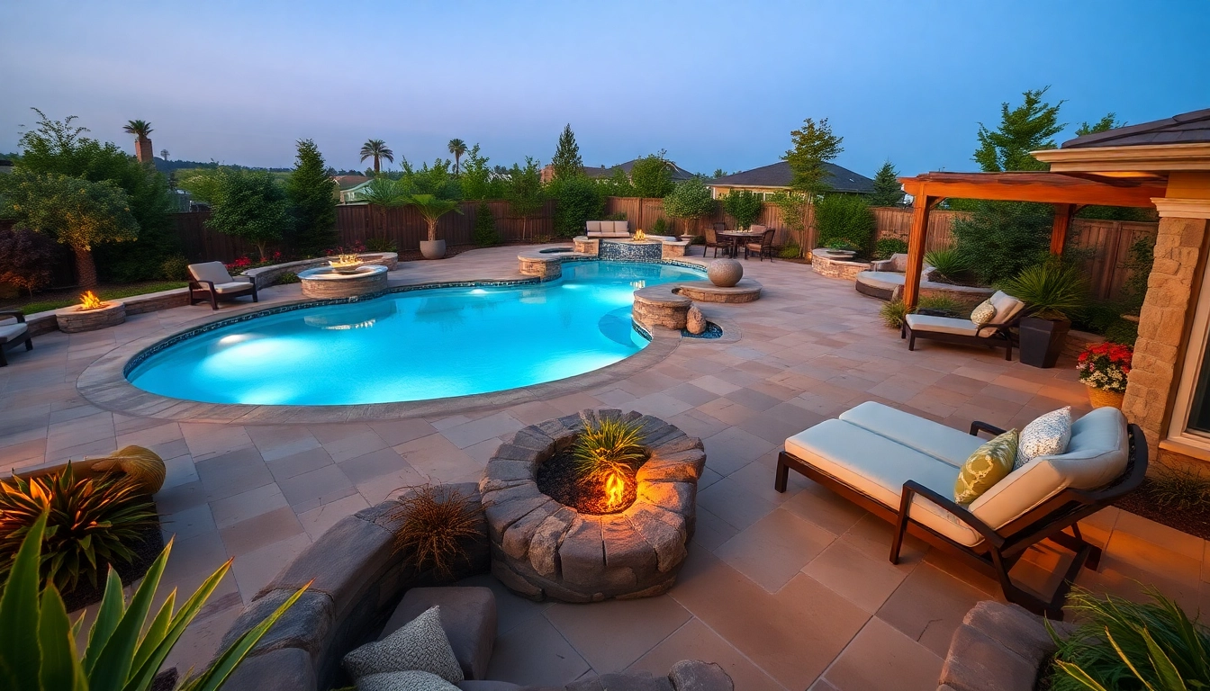 Transform your backyard with exquisite hardscapes & pools, showcasing elegant landscaping and a serene ambiance.