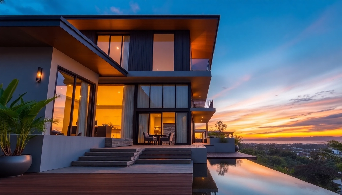 Buy a property in Phuket, featuring a stunning sunset view of a modern home with lush landscaping.