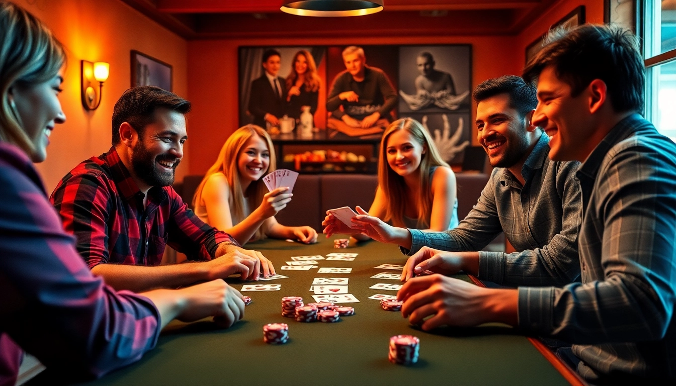 Experience rummy wealth with players immersed in a lively card game, emphasizing enjoyment and strategy.