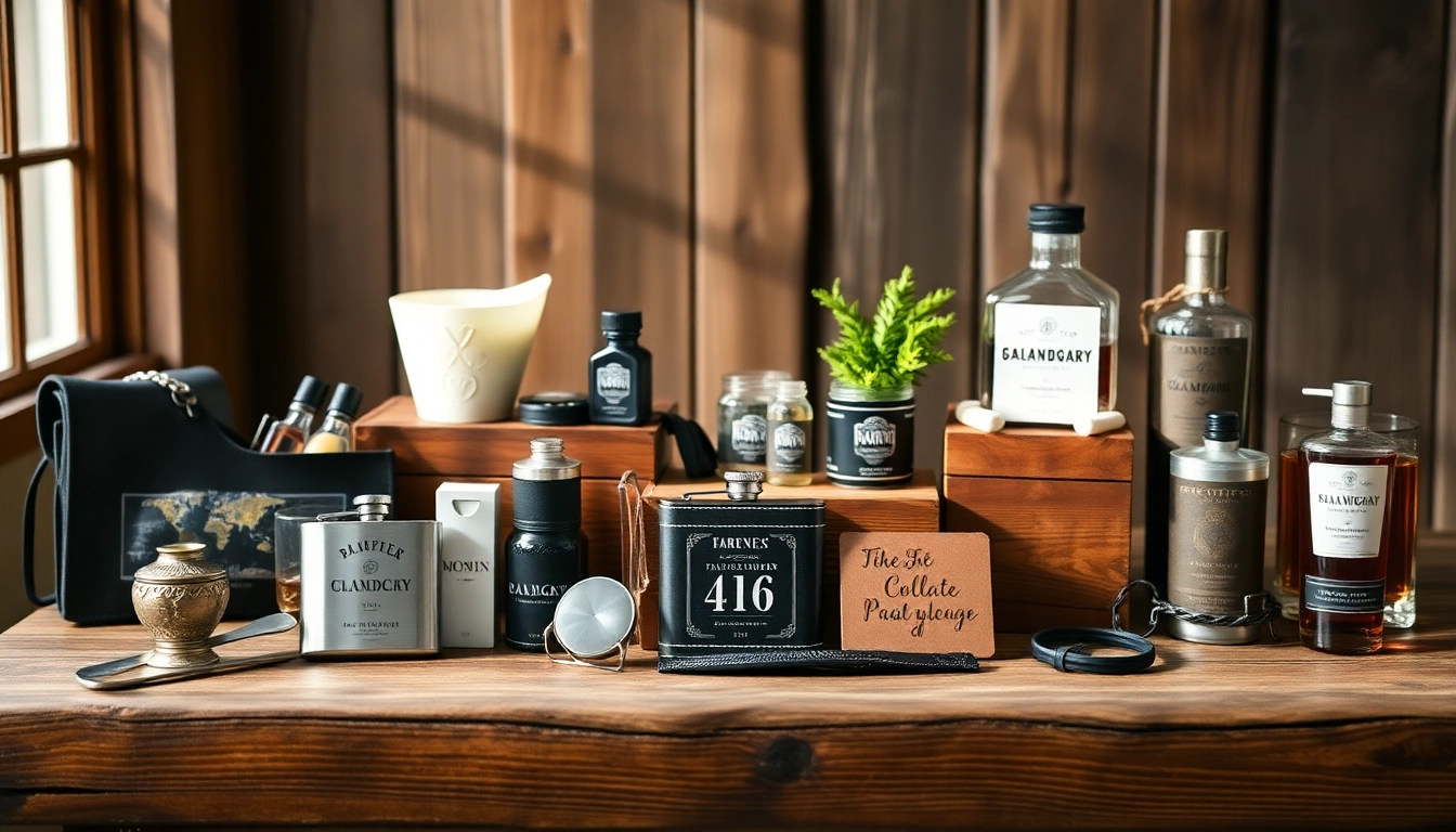 Showcase of cheap groomsmen gifts including flasks and personalized items arranged appealingly on a rustic table.