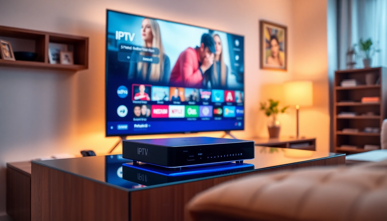 View the IPTV Suisse box displaying popular streaming options in a cozy living room setup.