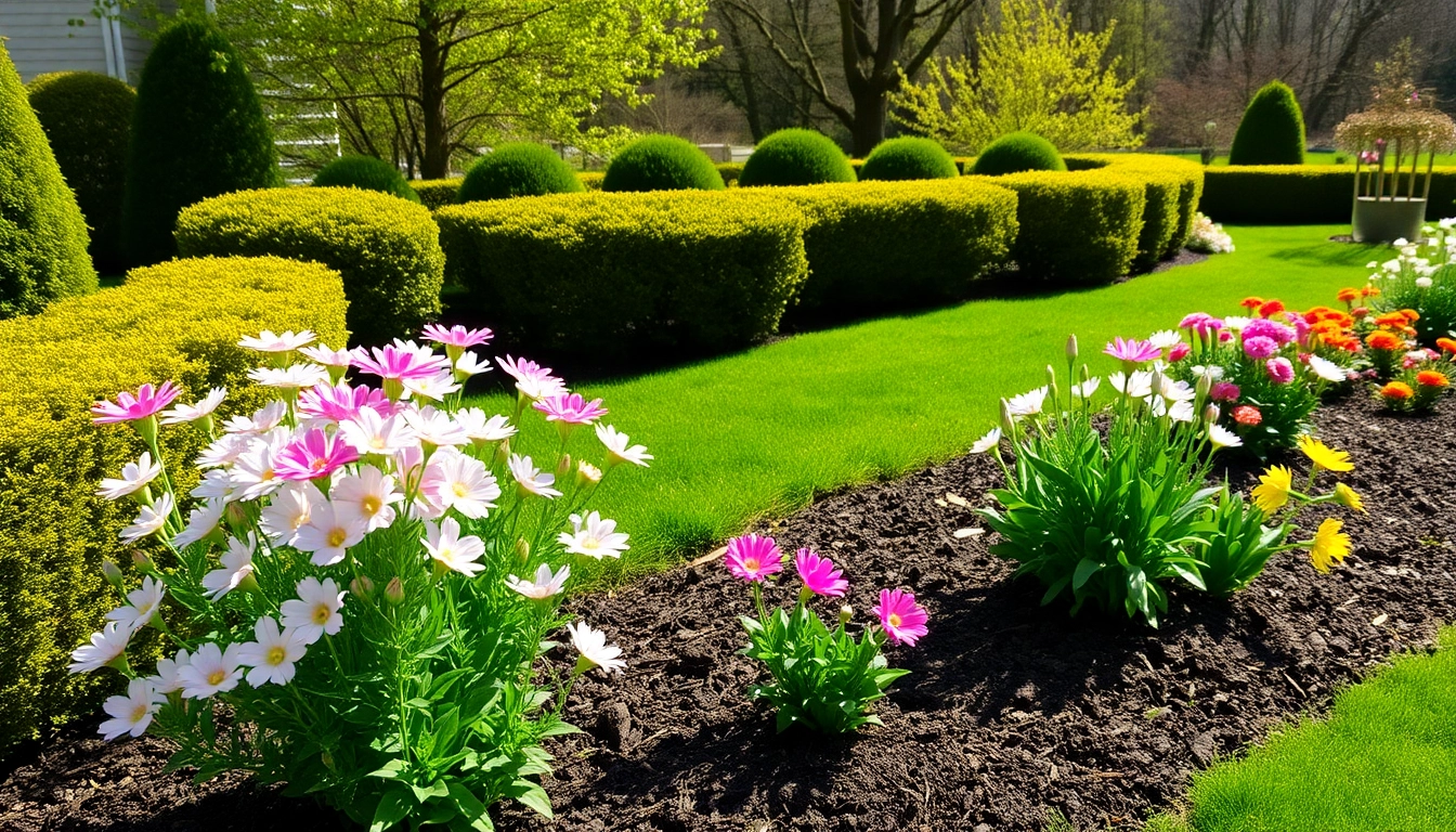 Spring clean up showcasing a beautifully maintained garden with colorful blooms and manicured lawns, brightened by sunlight.