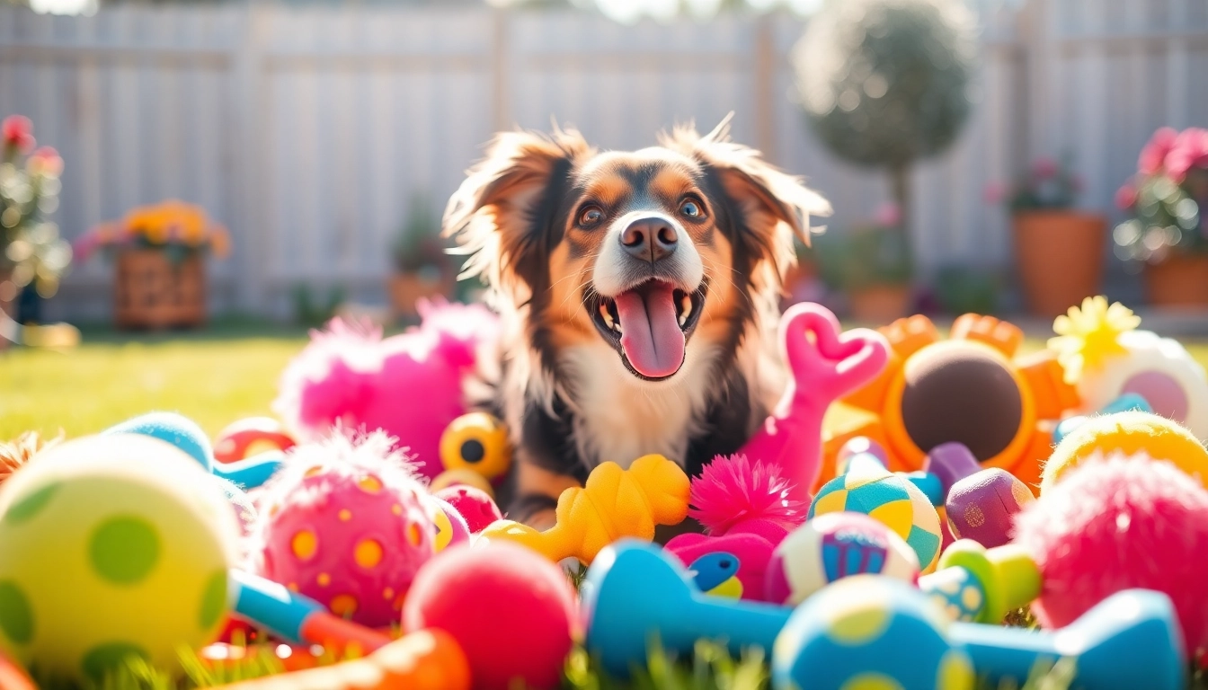 Playful dog exploring various pet toys including colorful plush and chew toys.