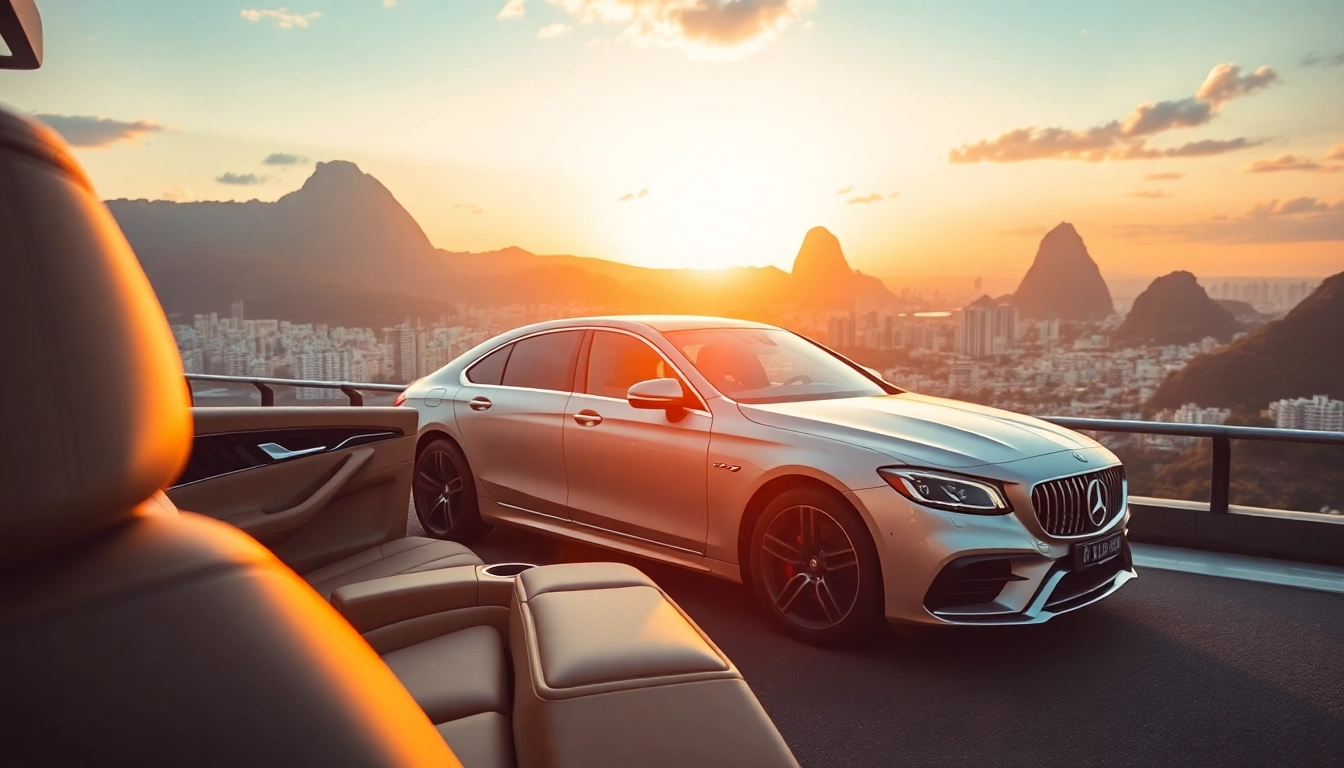 Experience luxury private car service Rio with a sleek vehicle against Rio's stunning backdrop.