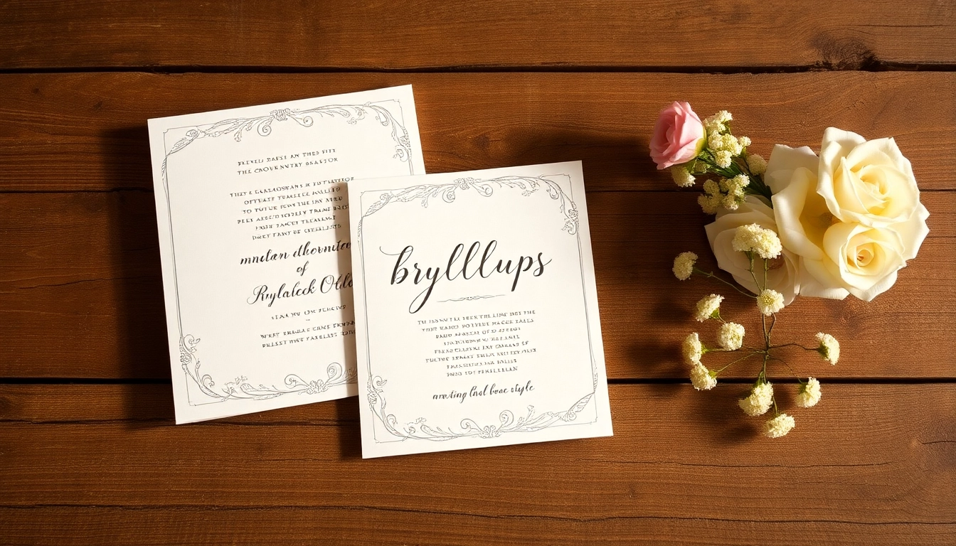 Beautifully styled bryllups invitation with floral accents on a rustic wooden table.