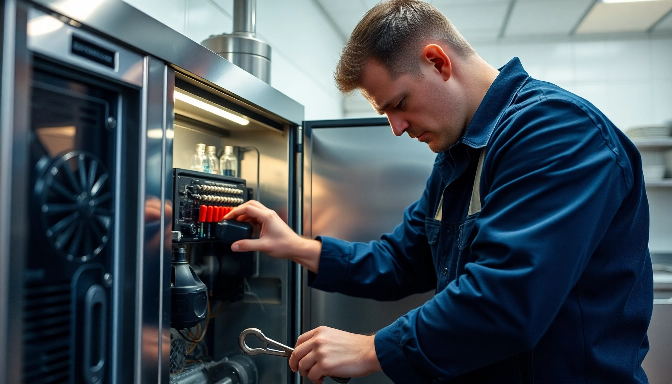 Expert technician performing ice machine repair in a bright kitchen setting, ensuring reliable operation.