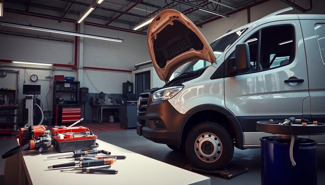 Performing preventive maintenance for fleets in a well-organized garage with tools and equipment.