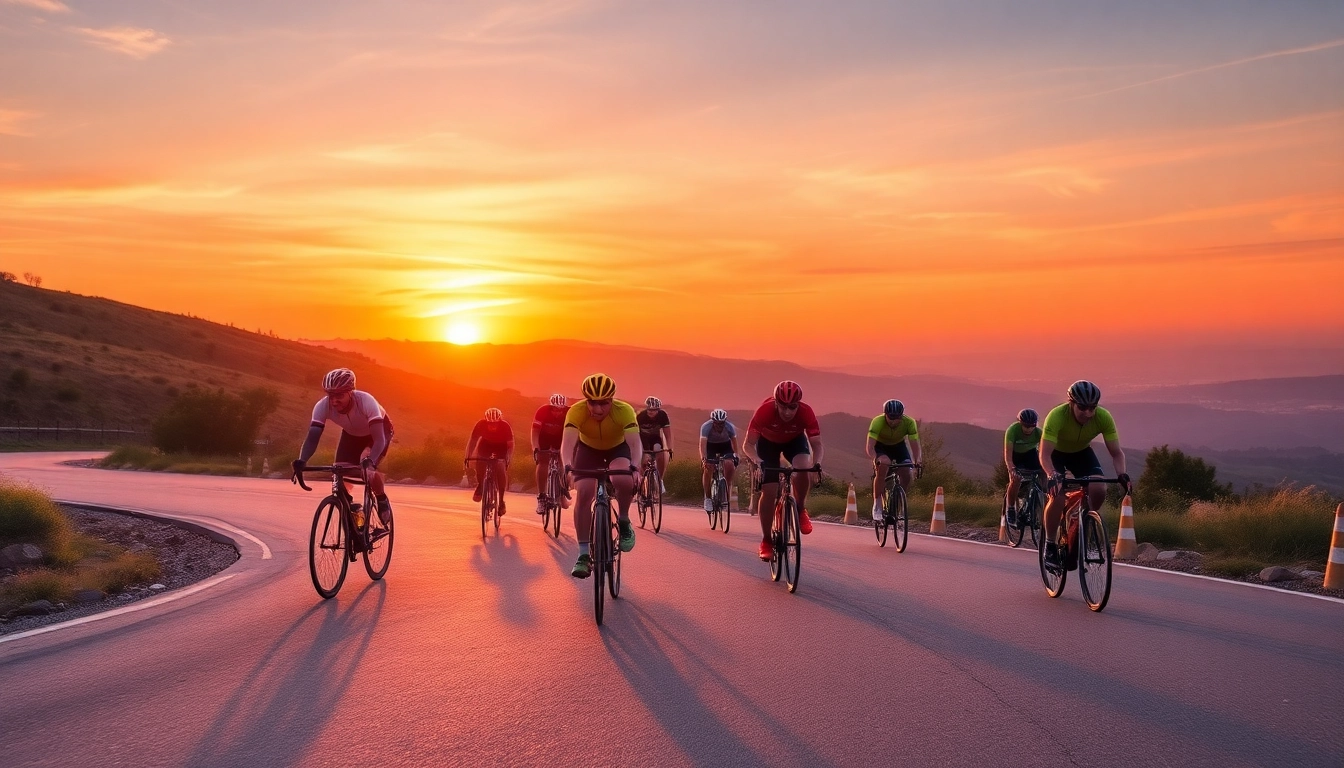 Cyclists enjoying a scenic ride on a winding road under a colorful sunset, promoting cycling as a joyful exercise.