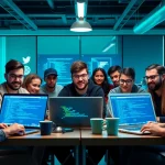 Free hackers collaborate and innovate in a vibrant workspace, engaging in cybersecurity projects.