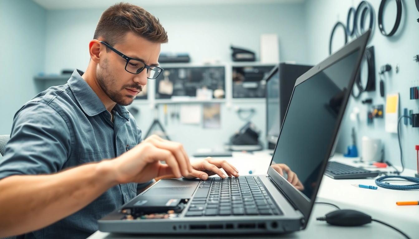 Riparazione pc Torino: tecnico esperto che ripara un laptop professionale in un ambiente ordinato.