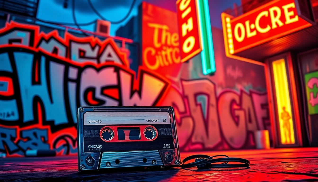 Highlighting hip-hop mixtapes Chicago with an illustrated collage of iconic elements, vibrant colors, and energetic atmosphere.