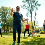Engaging fitness coach near me leading a workout with clients in a vibrant outdoor setting.