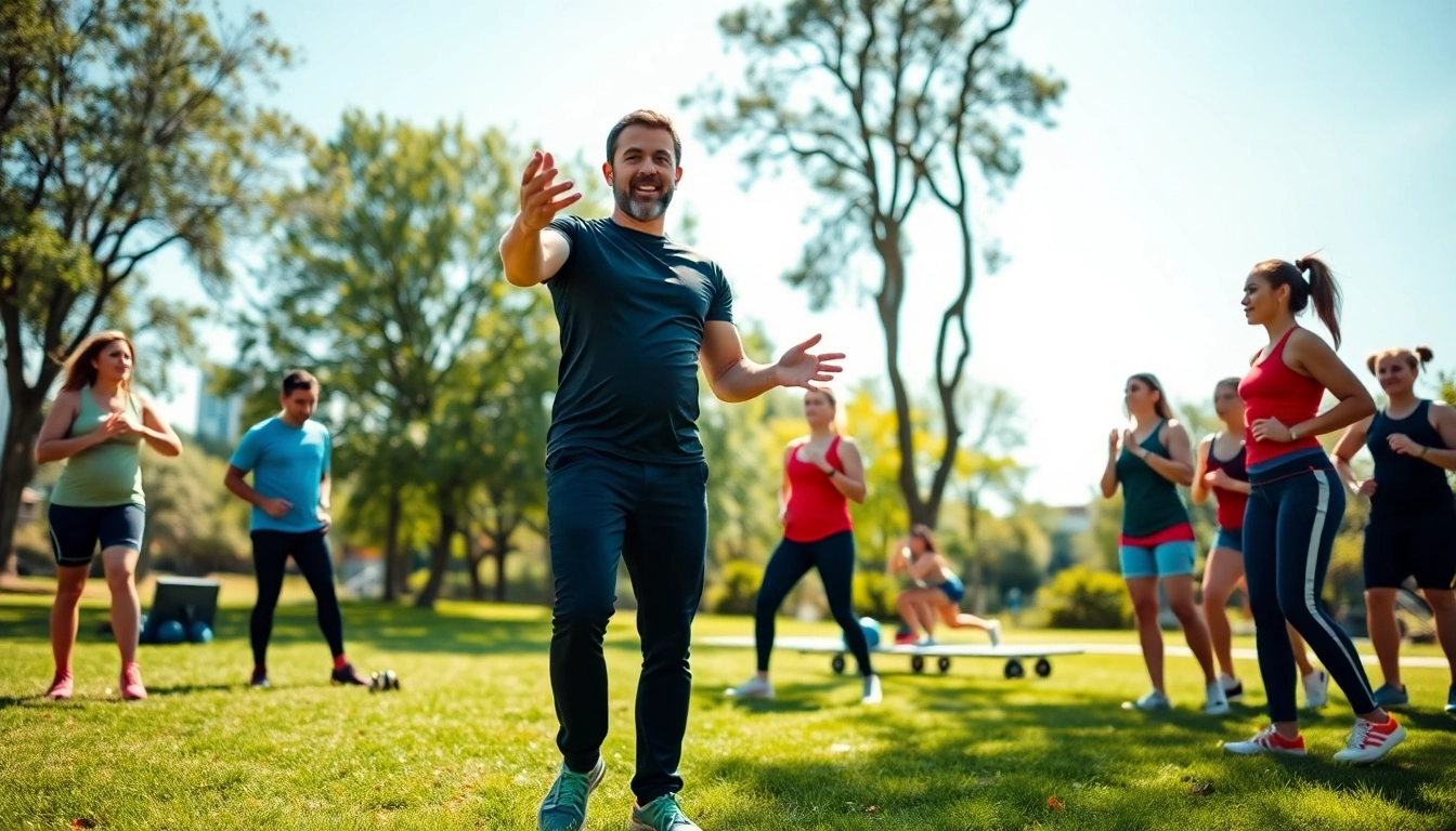Engaging fitness coach near me leading a workout with clients in a vibrant outdoor setting.