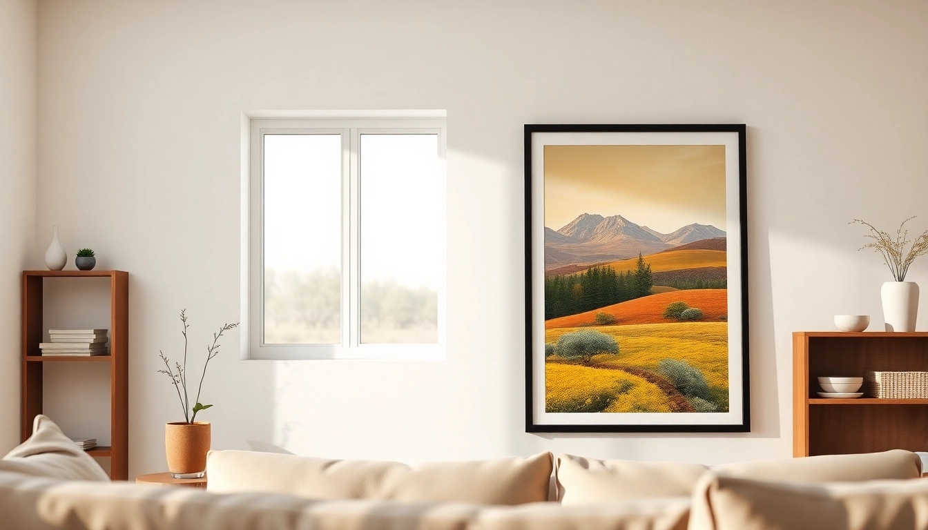 Elegant 24x36 frame displaying vibrant artwork in a modern living room setting.