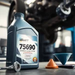Mechanic showcasing 75w90 gear oil fully synthetic in a clean workshop environment.