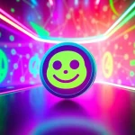 Illustration of the Pepe coin 4chan logo set in a vibrant digital landscape with cryptocurrency symbols.
