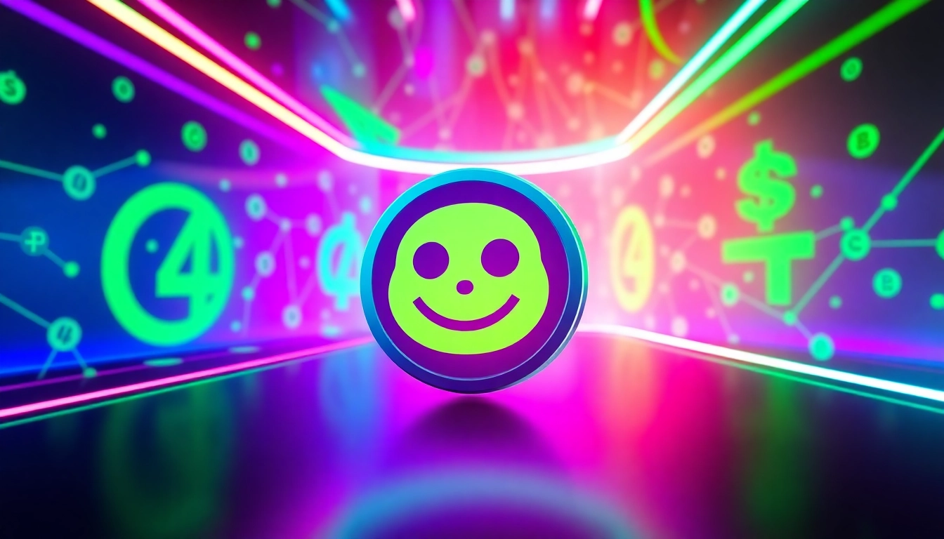 Illustration of the Pepe coin 4chan logo set in a vibrant digital landscape with cryptocurrency symbols.