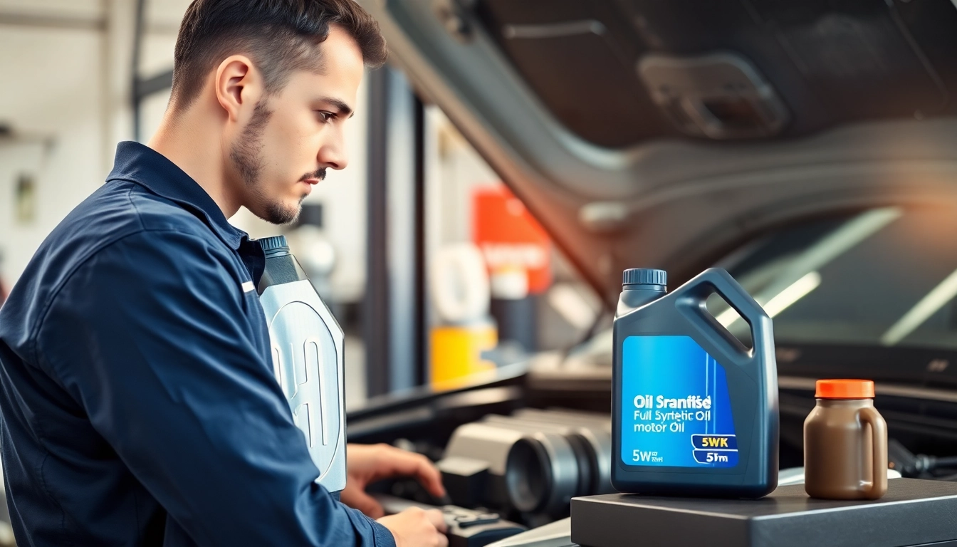 Mechanic applying full synthetic motor oil 5w 30 during an oil change in a professional workshop.