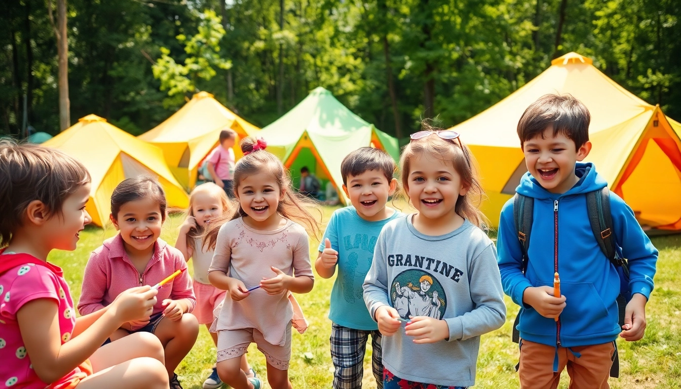Children enjoying activities at holiday camps, engaged in crafts and games outdoors.