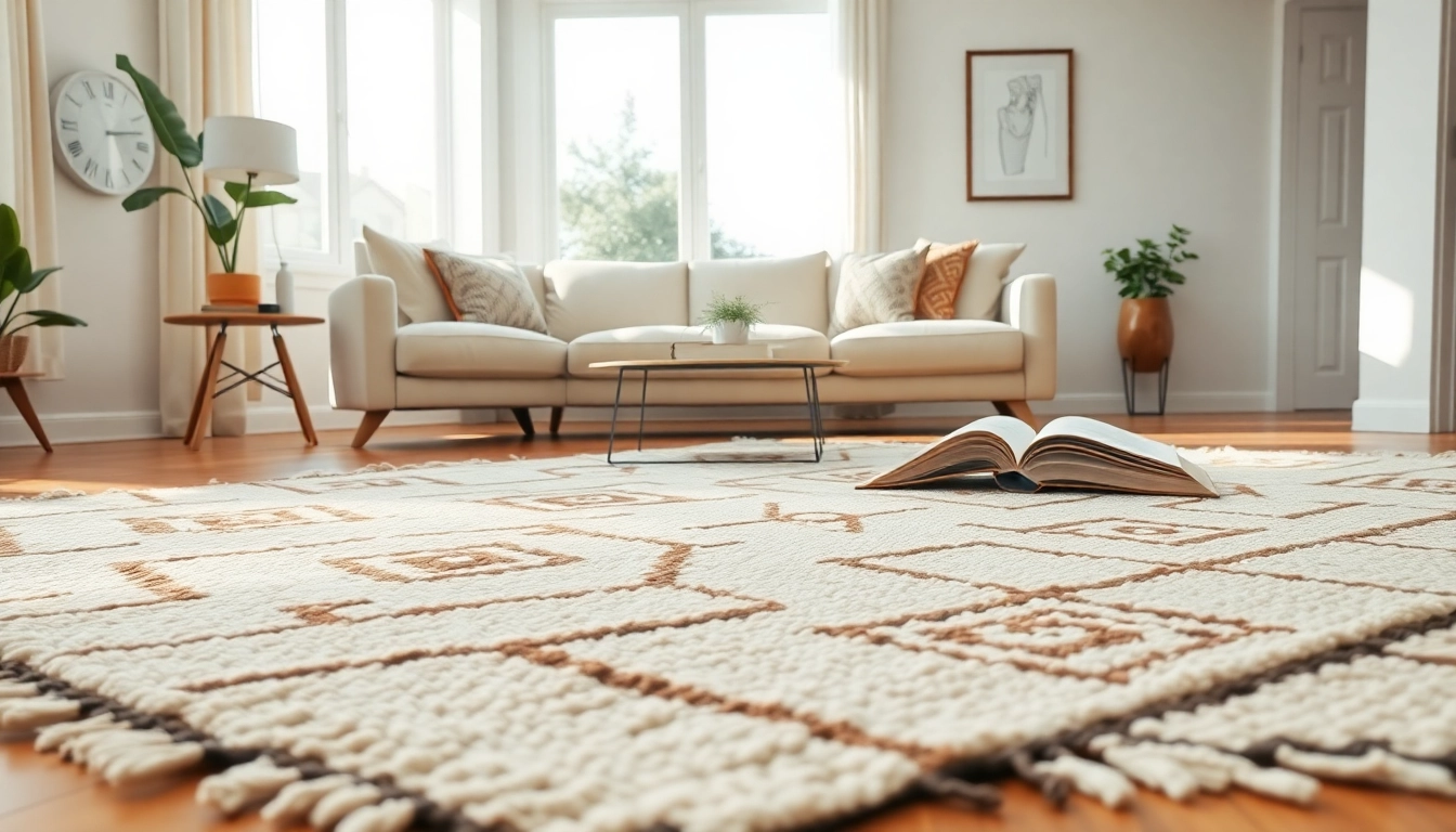 Beni Ourain rugs beautifully accentuate a bright living room design with natural decor elements.