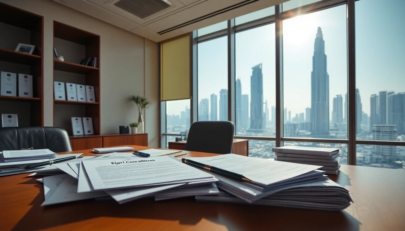 Efficient Ejari cancellation process on a desk with organized documents in a modern Dubai office.