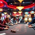 Players enjoying a thrilling live casino experience at a poker table with vibrant surroundings.