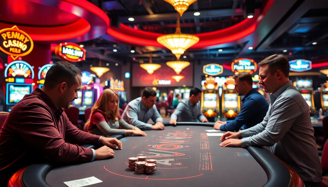 Players enjoying a thrilling live casino experience at a poker table with vibrant surroundings.