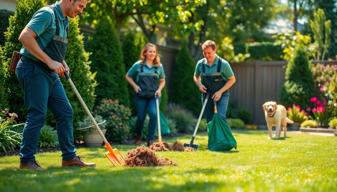 Dog clean up service professionals efficiently clearing pet waste in a beautiful backyard setting.