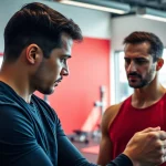 Engaging gym Training Consultation between a trainer and client in a bright fitness studio.