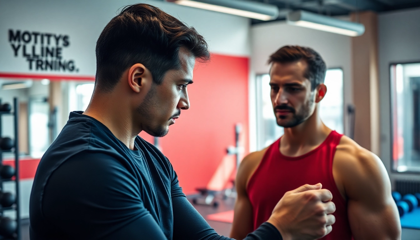 Engaging gym Training Consultation between a trainer and client in a bright fitness studio.