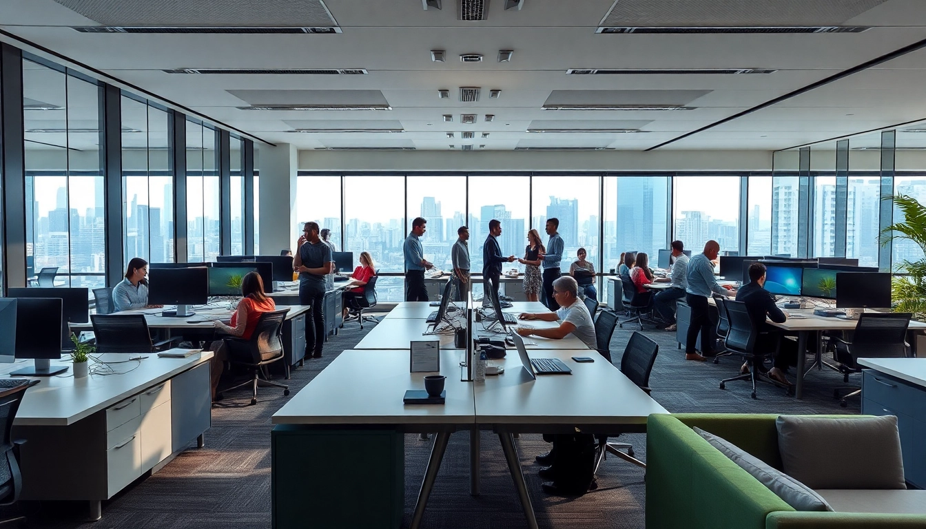 Search for office for rent in bangalore showcasing a modern workspace with professionals collaborating.