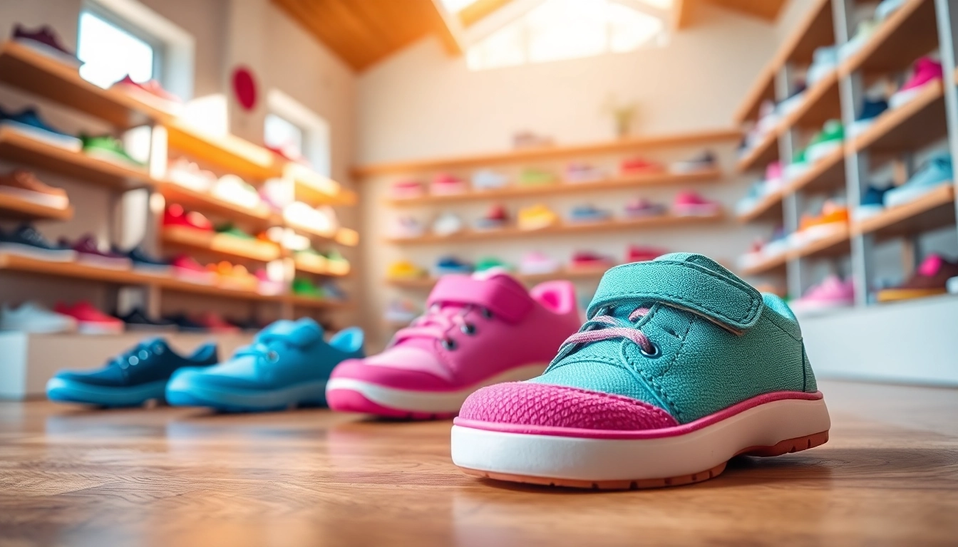 Flexible Kinderschuhe prominently displayed in a cheerful children's shoe store.