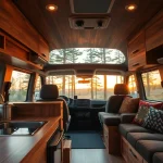 Cozy camper van interior showcases inviting kitchenette and seating, creating a relaxing atmosphere.