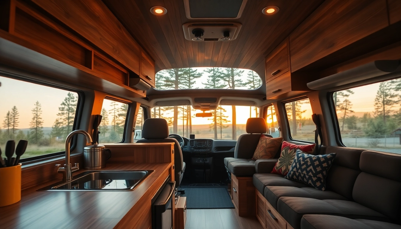 Cozy camper van interior showcases inviting kitchenette and seating, creating a relaxing atmosphere.