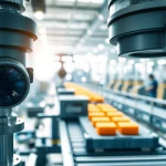 Machine vision camera inspecting products on a conveyor belt in a modern factory.