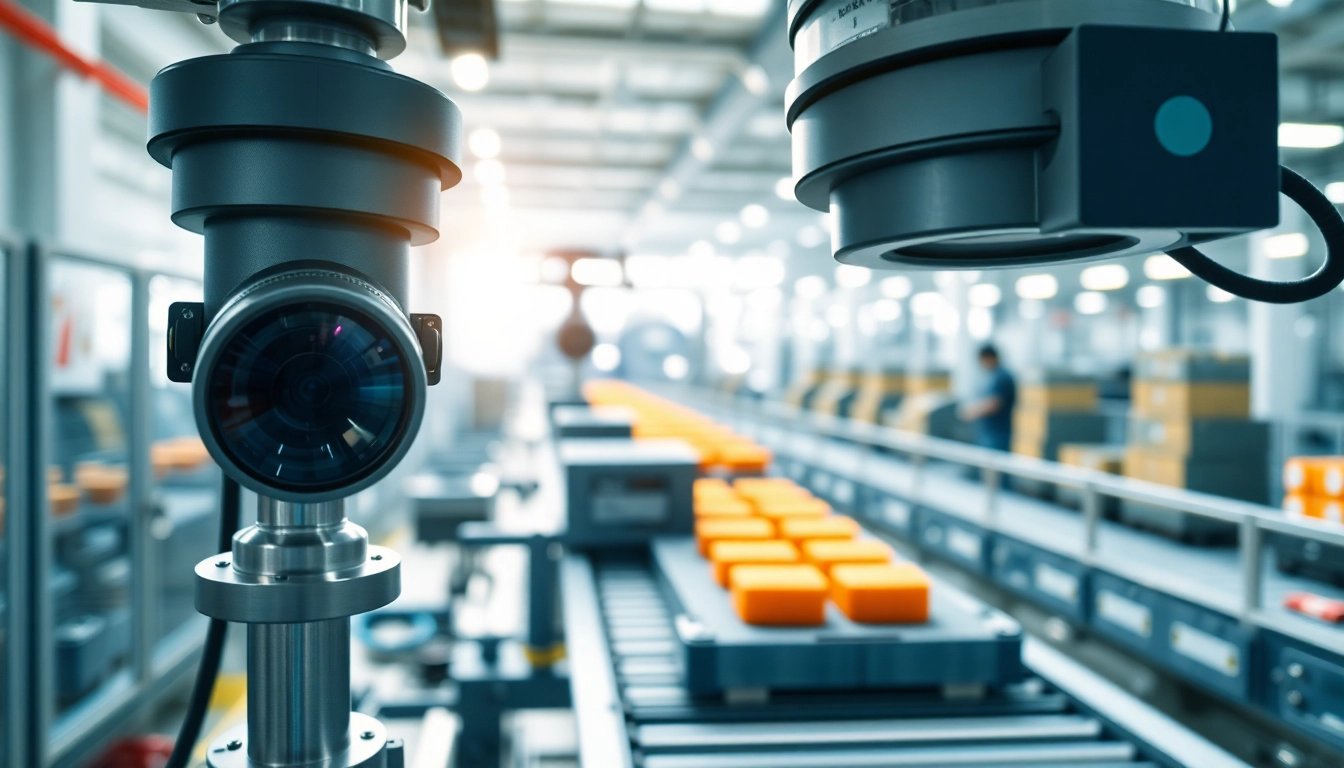 Machine vision camera inspecting products on a conveyor belt in a modern factory.