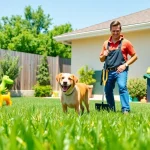Dog poop cleanup service showcasing a smiling worker and a clean backyard environment.