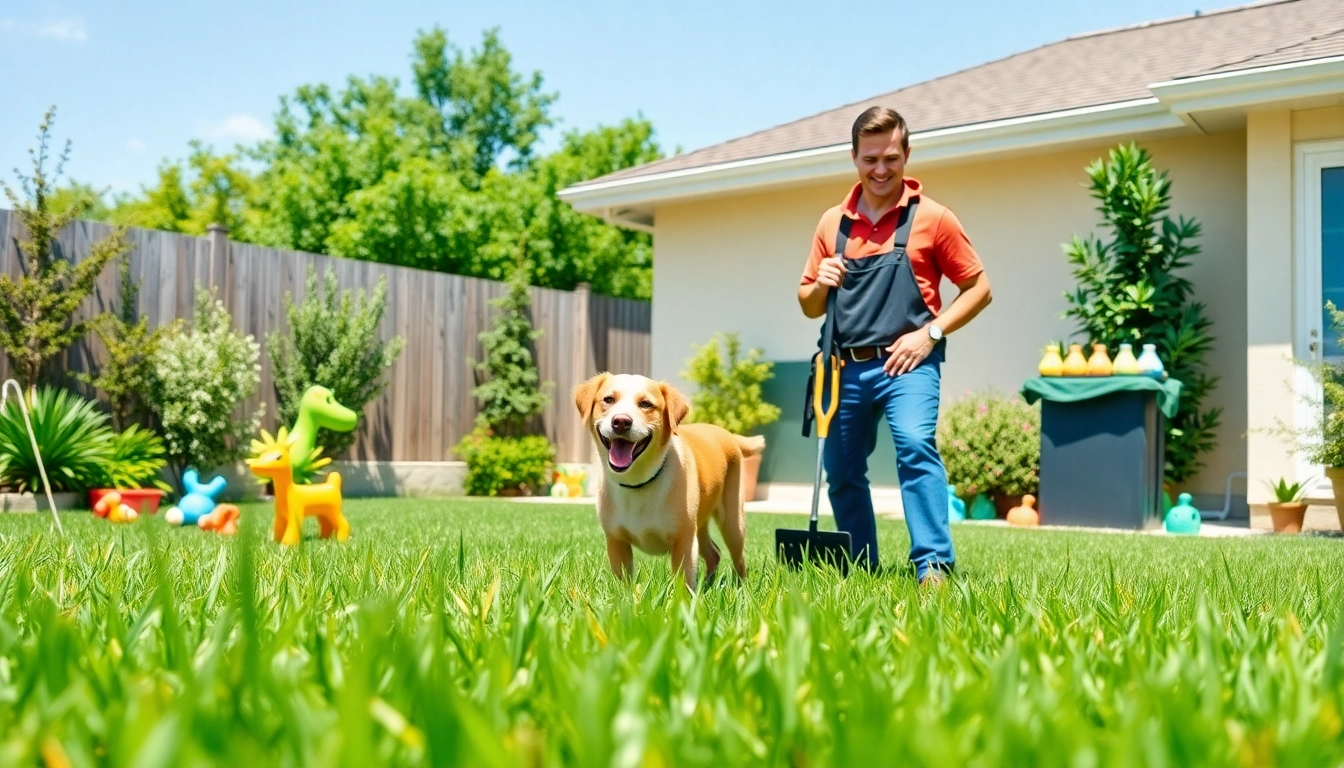 Dog poop cleanup service showcasing a smiling worker and a clean backyard environment.
