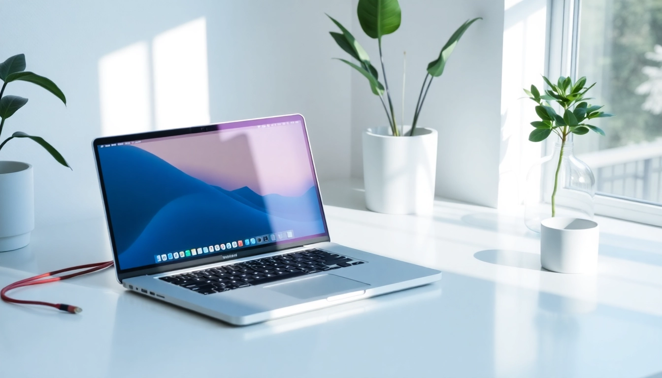 Download line电脑版下载 on a laptop in a modern workspace.