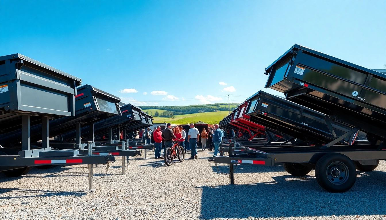 View dump trailer for sale near me with various models in a bustling dealership setting.