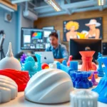 Showcasing intricate 3D Modeling Services with vibrant prototypes and an innovative studio atmosphere.