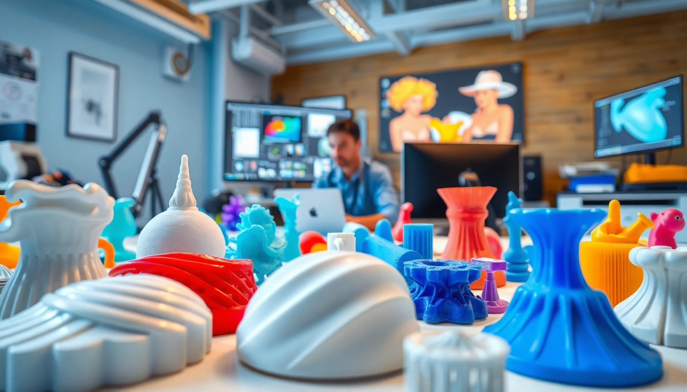 Showcasing intricate 3D Modeling Services with vibrant prototypes and an innovative studio atmosphere.