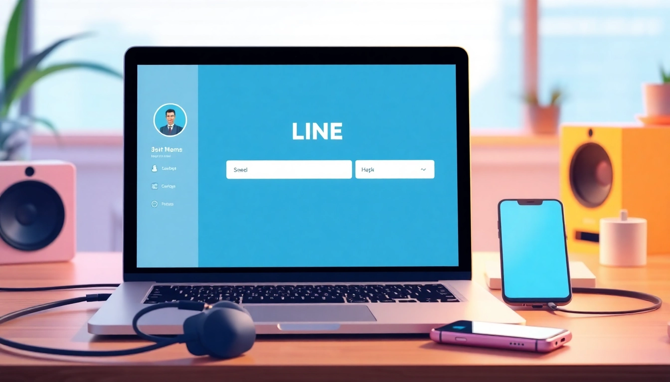 Engage with line電腦版下載 by viewing a laptop showcasing the LINE app in a vibrant workspace.