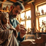 Artisan crafting detailed olive wood carvings in a warm workshop setting.