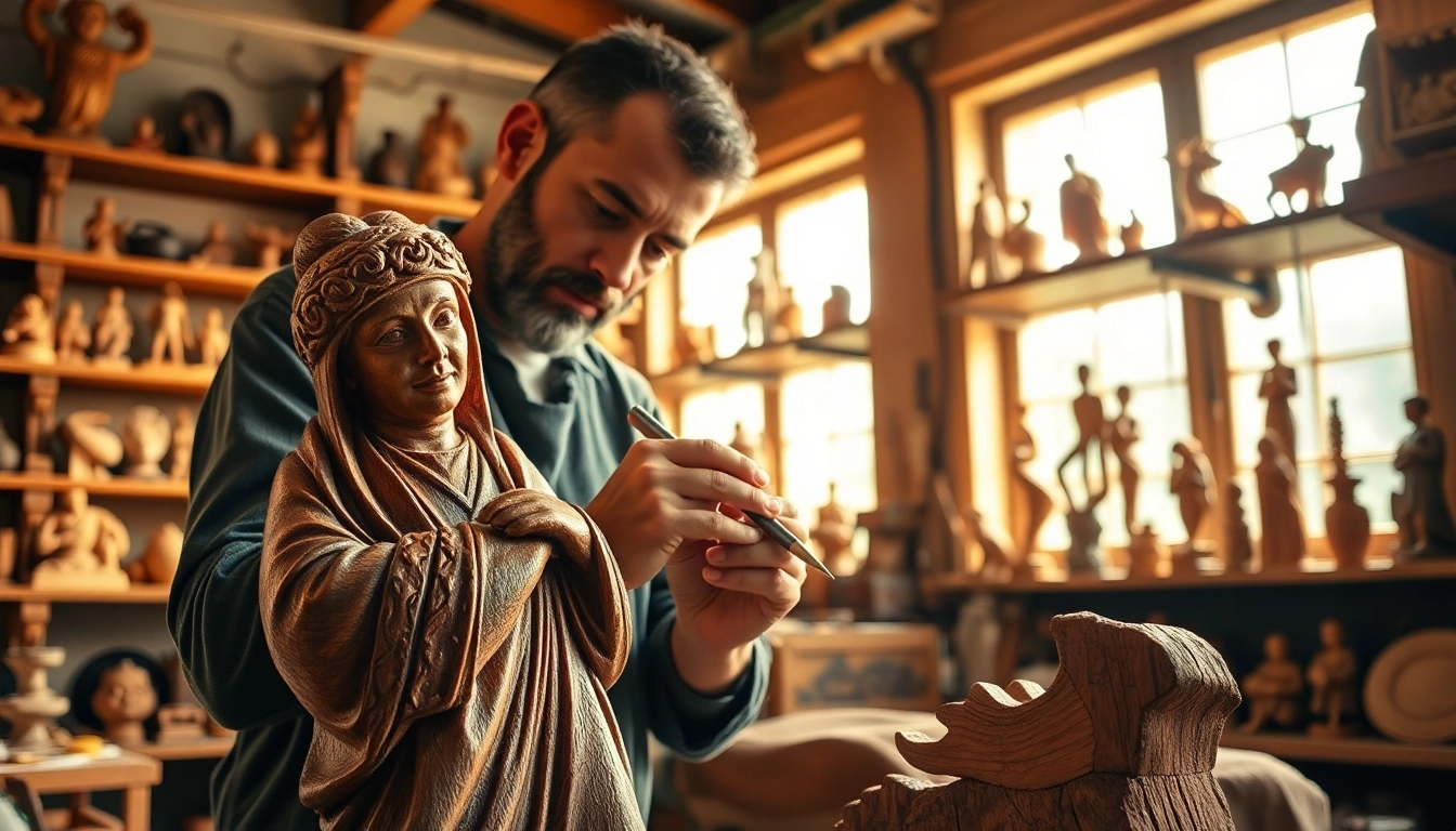 Artisan crafting detailed olive wood carvings in a warm workshop setting.