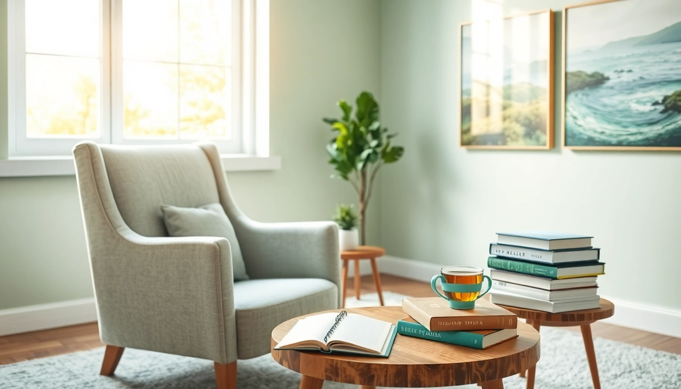 A cozy therapy space inviting healing trauma recovery with calming elements.