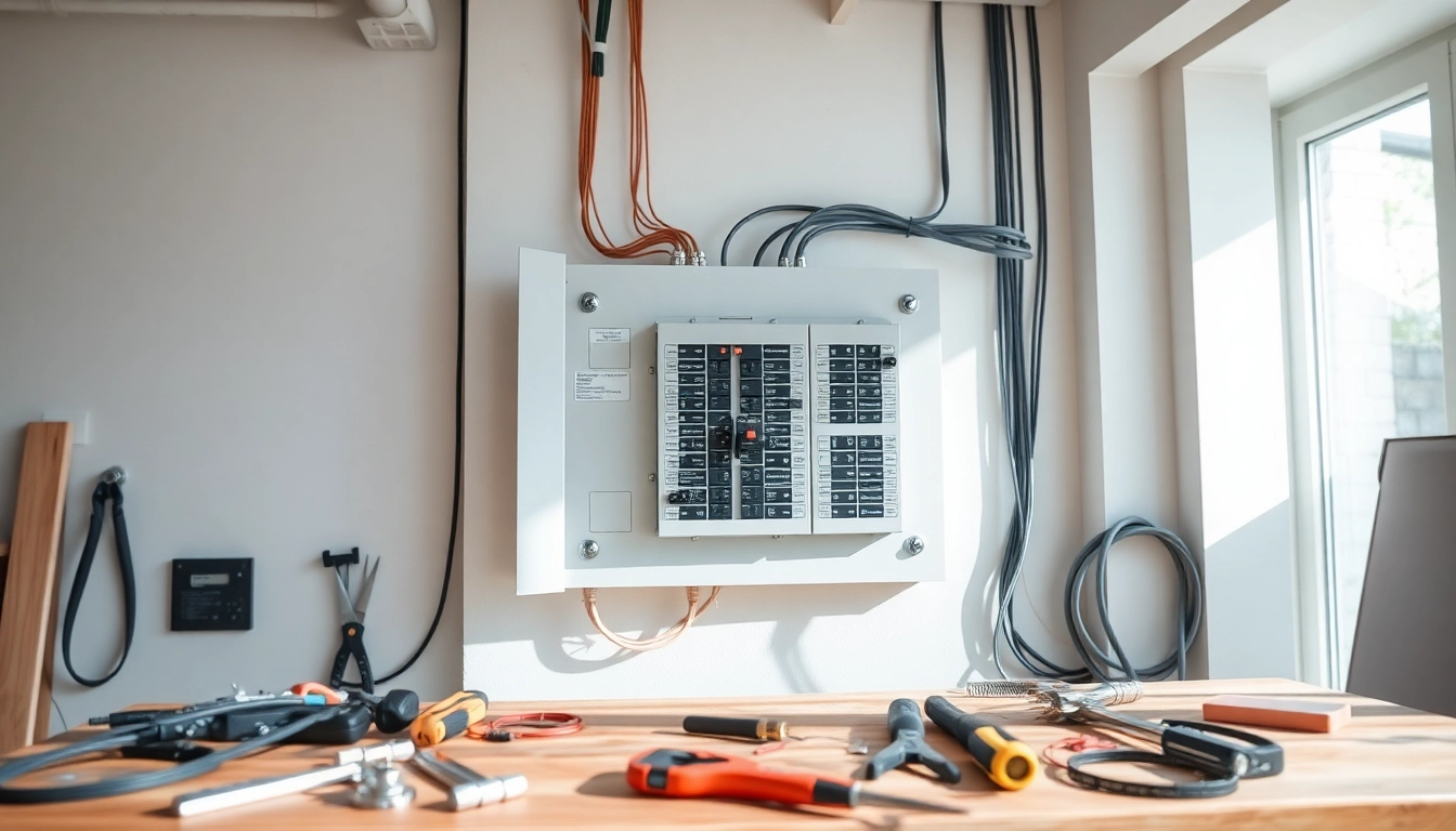 Showcasing an electrical panel being installed with detailed wiring setup for safety and efficiency.